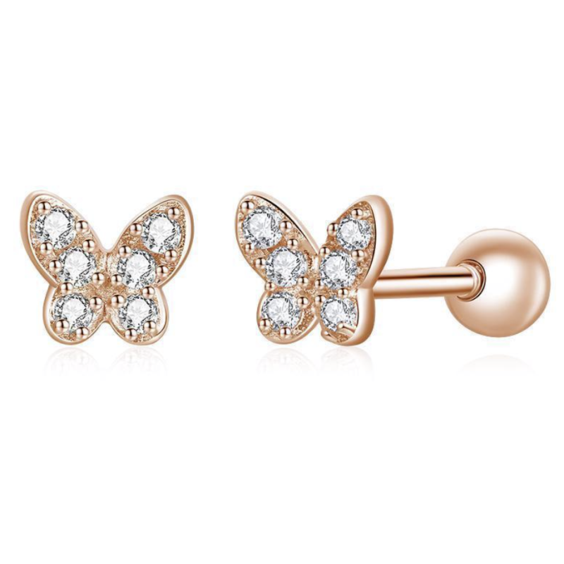 Boucles d'Oreilles Papillons en Argent 925/1000 Dorées à l'Or Rose - Oxyde de Zirconium