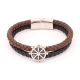 Bracelet Homme Double Cordon en Cuir Avec Roue Marine