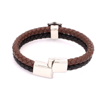 Bracelet Homme Double Cordon en Cuir Avec Roue Marine