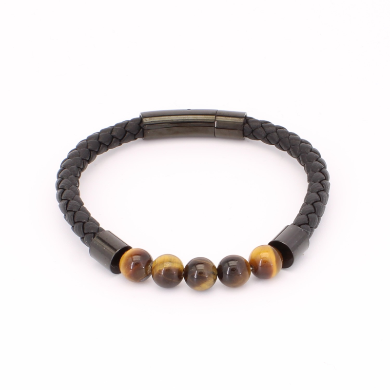 Bracelet Homme  en Cuir Tressé Noir avec Pierres Naturelles