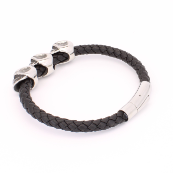 Bracelet Homme en Cuir Tressé Noir Têtes de Mort