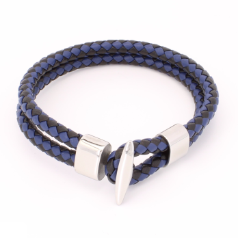 Bracelet Homme Double Cordon en Cuir Tressé Bleu et Noir