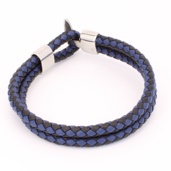 Bracelet Homme Double Cordon en Cuir Tressé Bleu et Noir