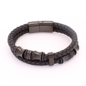 Bracelet Double Cordon et Cylindre en Cuir Tressé Noir et Acier Inoxydable