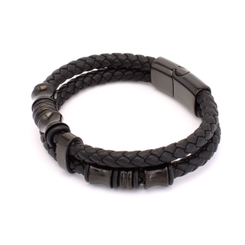 Bracelet Double Cordon et Cylindre en Cuir Tressé Noir et Acier Inoxydable