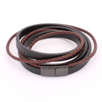 Bracelet Homme Triple Rangs en Cuir Noir et Marron