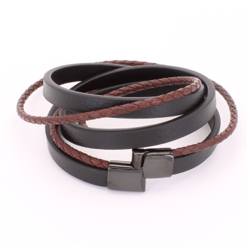 Bracelet Homme Triple Rangs en Cuir Noir et Marron