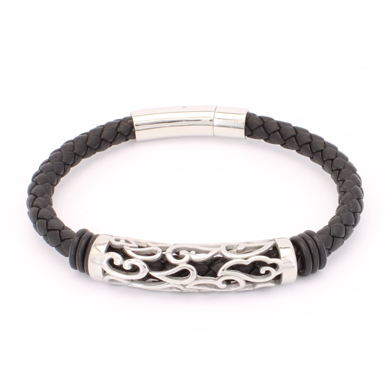 Bracelet Homme  en Cuir Tressé Noir et Cylindre à motifs