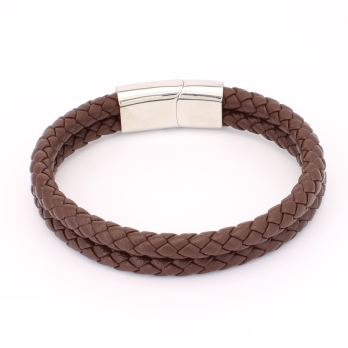 Bracelet Homme Double Cordon en Cuir Tressé Marron et Acier Inoxydable 316L