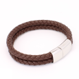 Bracelet Homme Double Cordon en Cuir Tressé Marron et Acier Inoxydable 316L