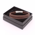 Bracelet Homme Double Cordon en Cuir Tressé Marron et Acier Inoxydable 316L