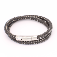 Bracelet Homme Double Cordon en Cuir Tressé Noir et Argenté