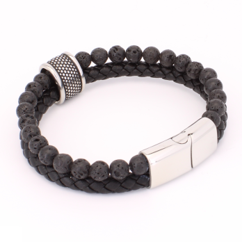 Bracelet Homme en Cuir et Pierres Volcaniques