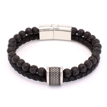 Bracelet Homme en Cuir et Pierres Volcaniques