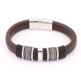 Bracelet Homme  en Cuir Tressé Marron et Cylindre en Acier Inoxydable