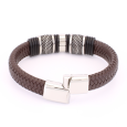 Bracelet Homme  en Cuir Tressé Marron et Cylindre en Acier Inoxydable