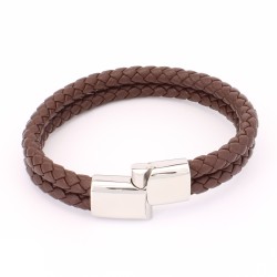 Bracelet Homme Double Cordon en Cuir Tressé Marron et Acier Inoxydable 316L