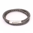 Bracelet Homme Double Cordon en Cuir Tressé Noir et Argenté Bracelet Homme Double Cordon en Cuir Tressé Noir et Argenté