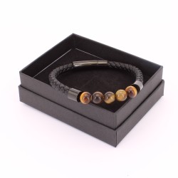 Bracelet Homme  en Cuir Tressé Noir avec Pierres Naturelles