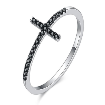 Bague Fine Croix Noire en Argent 925/1000 - Oxyde de Zirconium