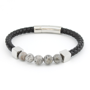 Bracelet en Cuir Tressé Noir - Pierre de Jaspe Gris